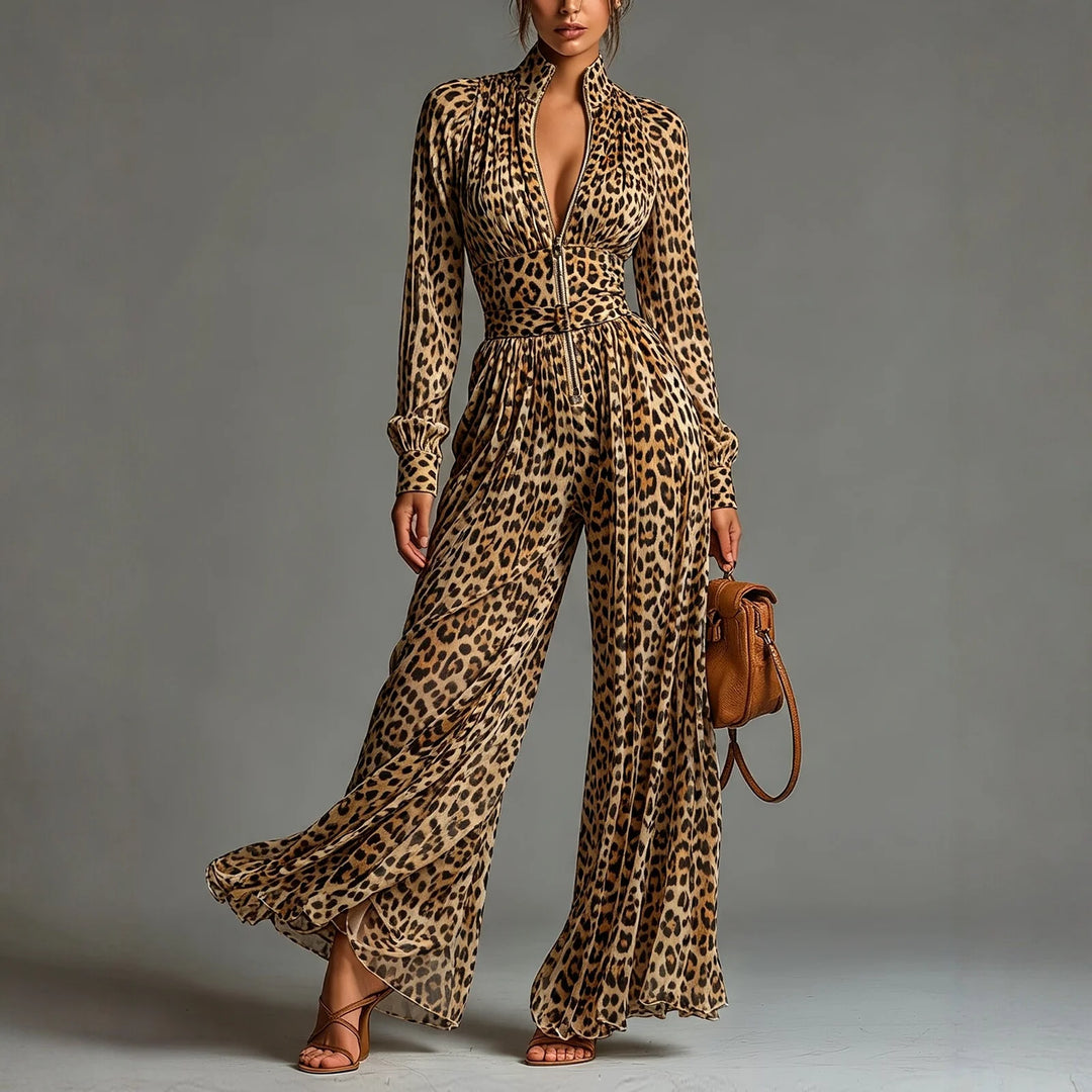 Woman wearing leopard print zip front jumpsuit with wide leg pants, front view