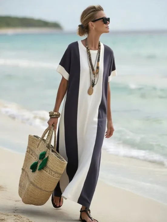 Ivy Striped Short Sleeve Flowing Maxi Dress