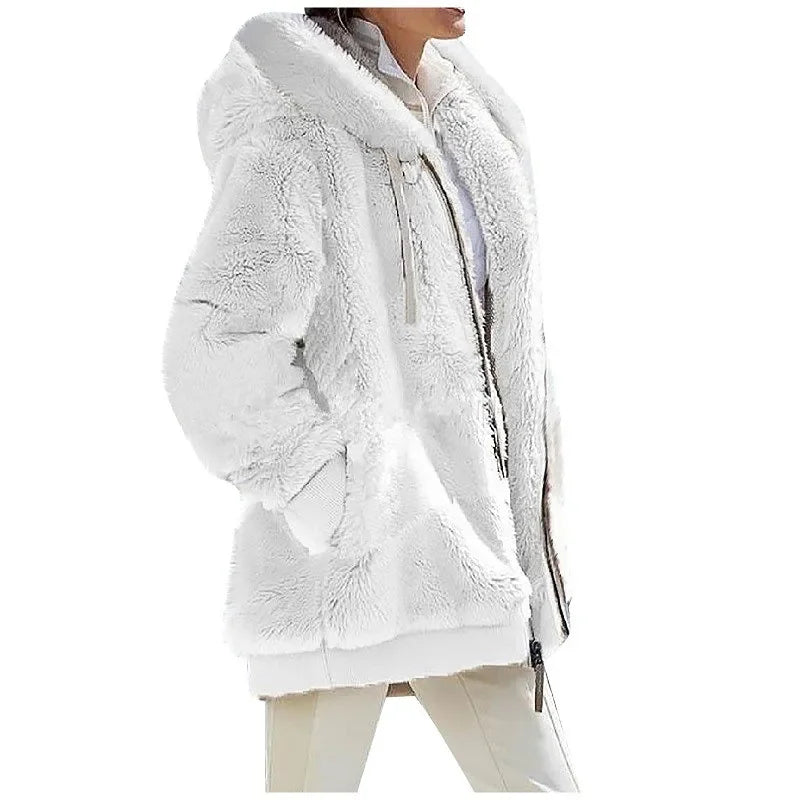 White plush fleece hooded jacket with contrast collar, side view