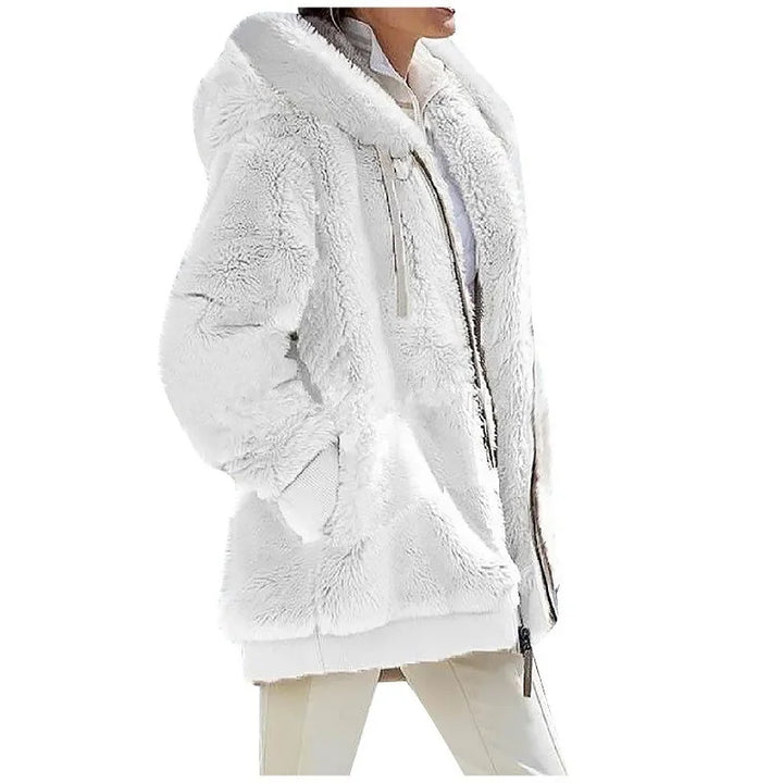 White plush fleece hooded jacket with contrast collar, side view