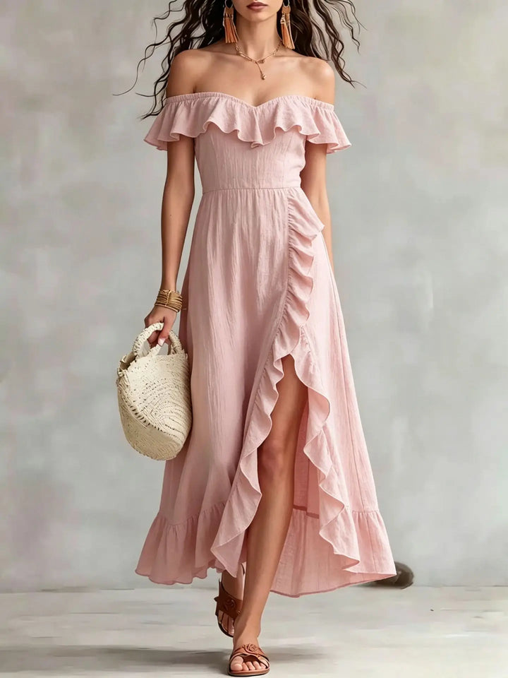 Isabella Off Shoulder Split Hem Maxi Dress