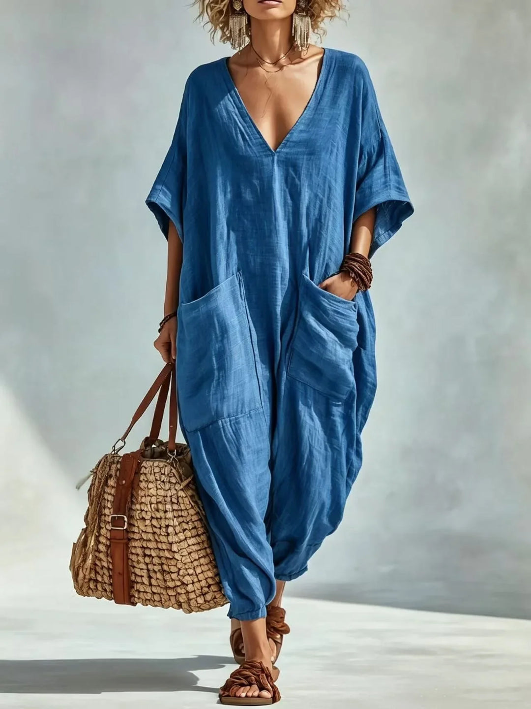 Harper V Neck Linen Blend Pocket Romper