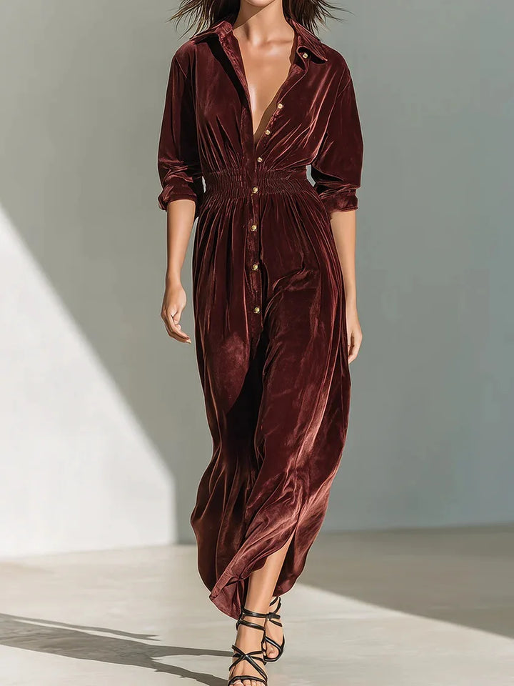 Brown velvet shirt dress with side slit hem