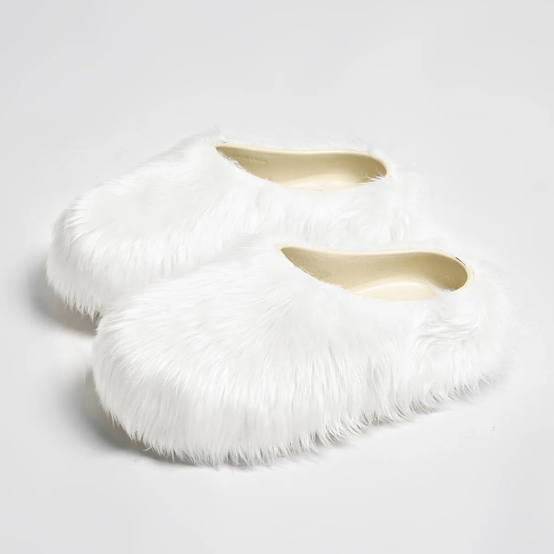 White faux fur slipper mules, angled view