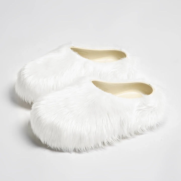 White faux fur slipper mules, angled view