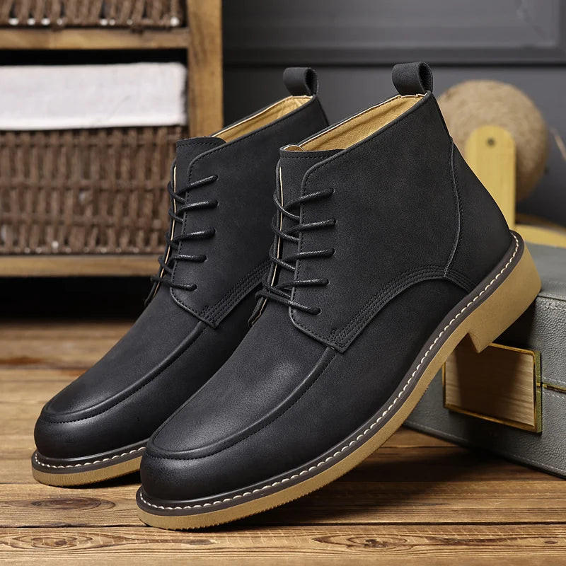 Black chukka boots, front angle view