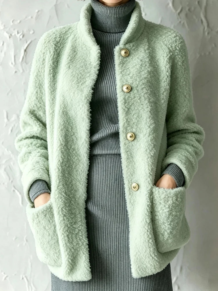 Light green bouclé jacket with stand collar