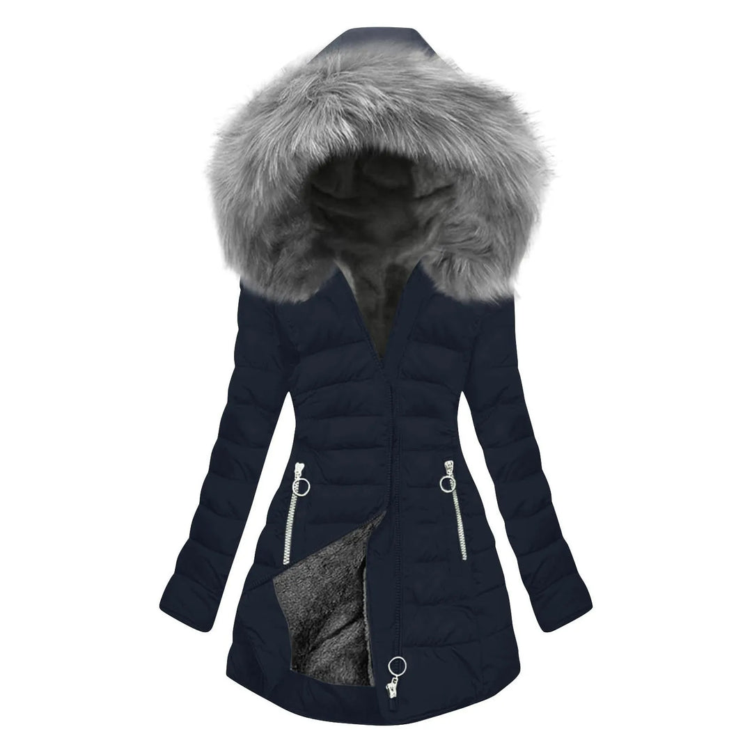 Navy quilted puffer jacket with faux fur hood, front view