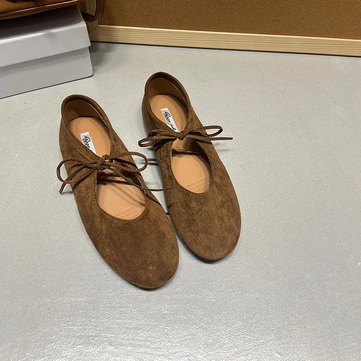 Brown suede-look ballet flats with lace-up butterfly-knot detail