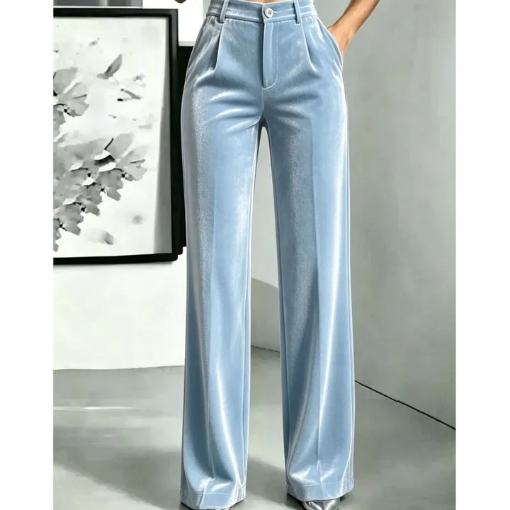 Light blue velvet wide leg pants front view