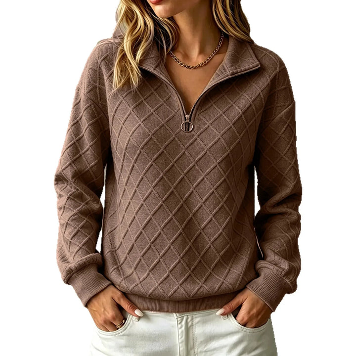 Woman wearing brown coffee diamond textured quarter zip pullover
