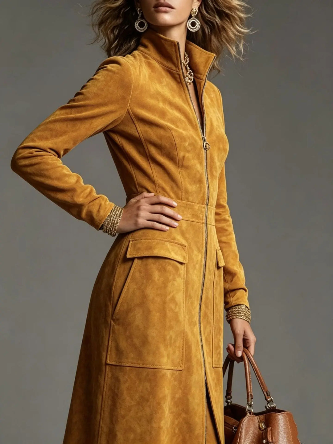 Close up of yellow suede-look dress front zipper and pockets