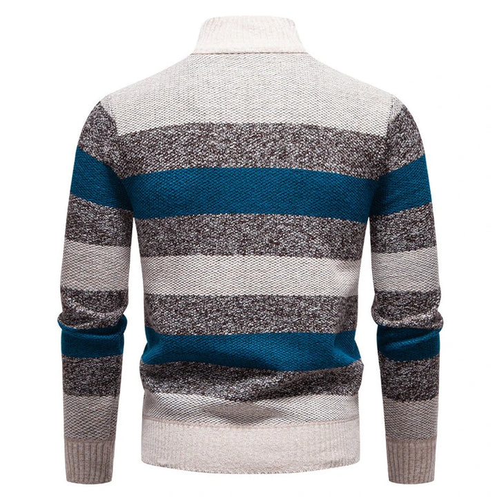 Beige blue brown striped quarter zip sweater, back view
