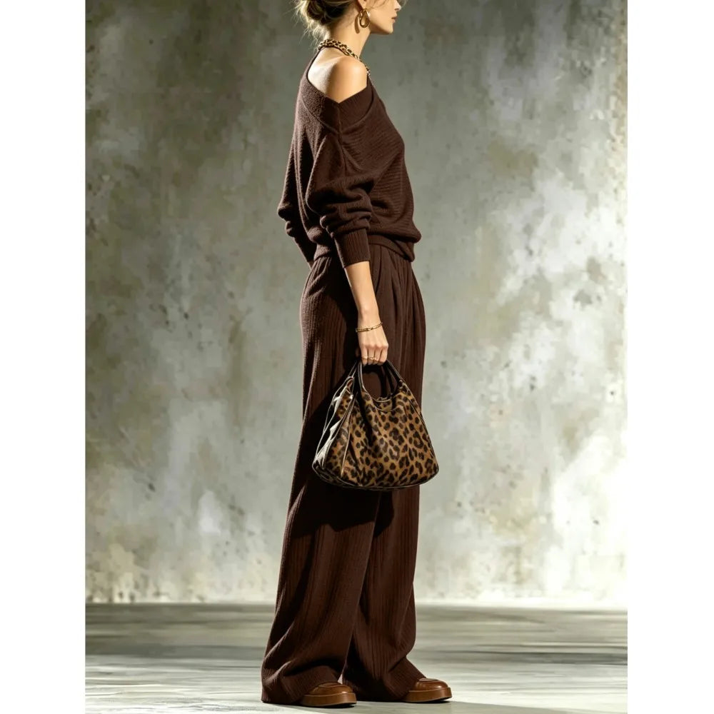 Dark brown knit two piece set, side profile view