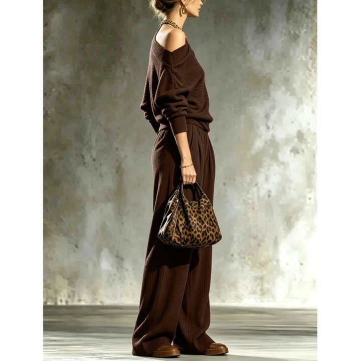 Dark brown knit two piece set, side profile view