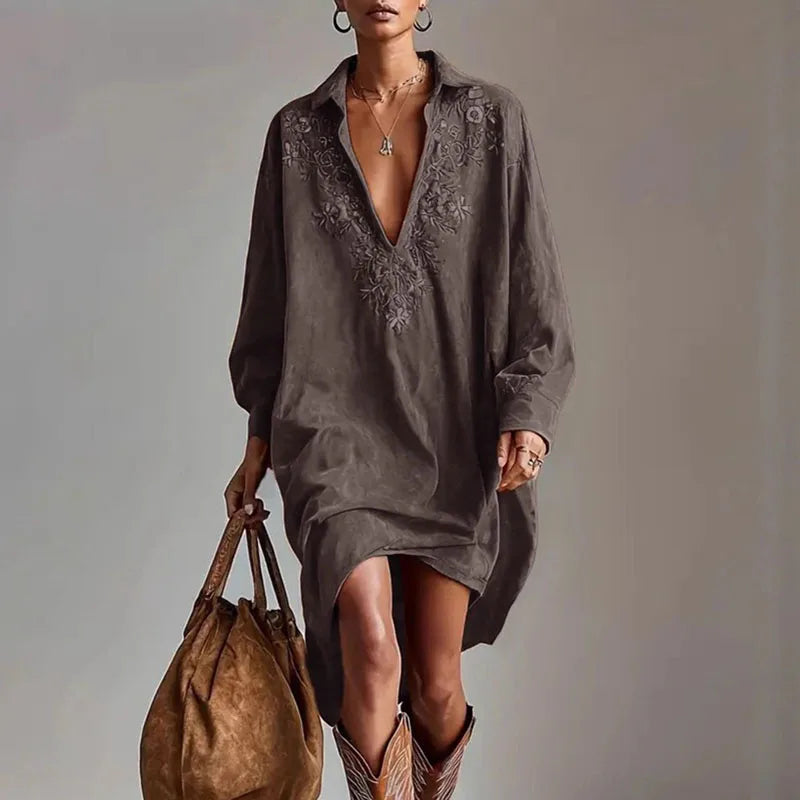 Coffee brown embroidered V-neck shirt dress, front view