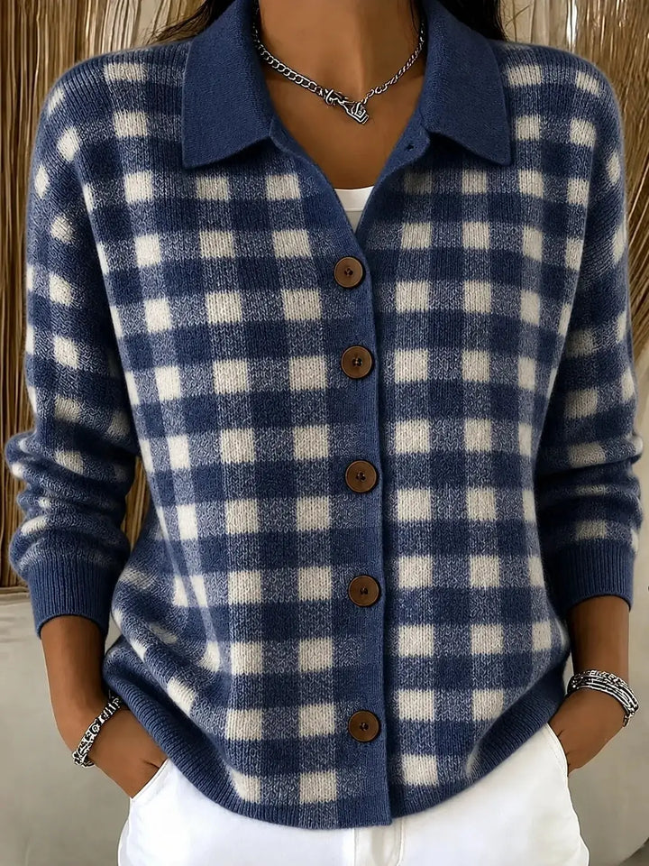 Woman wearing navy blue gingham knit cardigan with collar and button front
