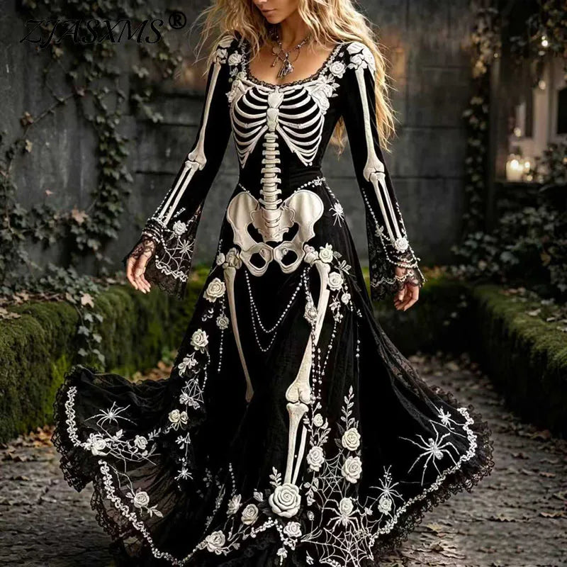 Woman wearing black skeleton embroidered maxi dress with flare sleeves