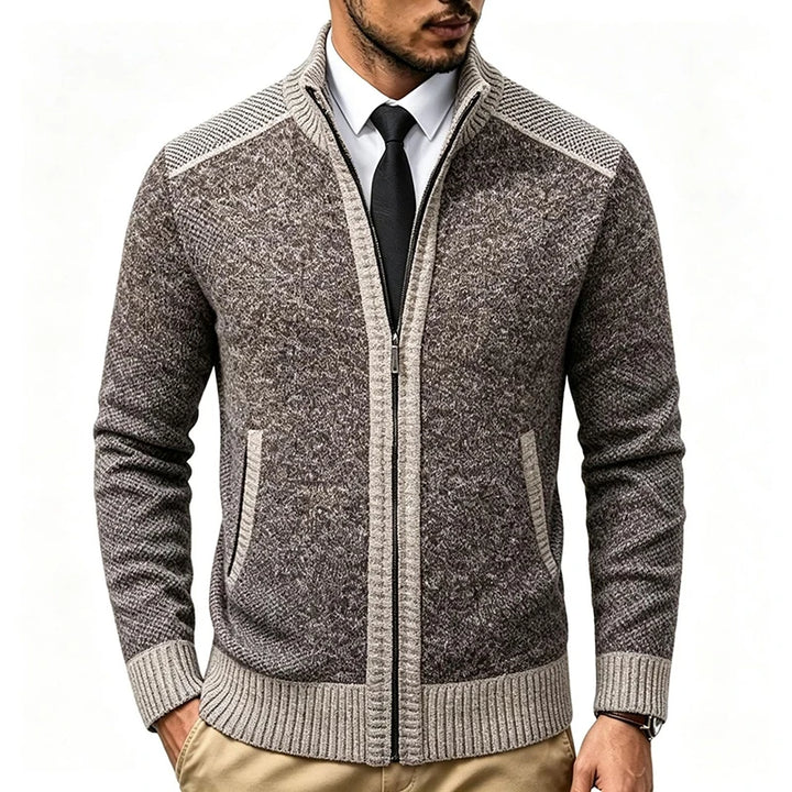 Man wearing coffee brown zip-up knit cardigan, front view