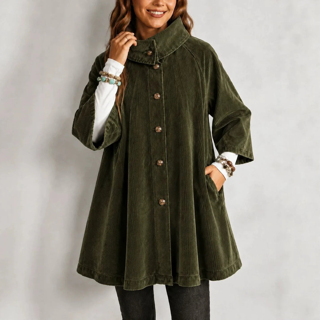 Woman wearing olive green corduroy swing jacket