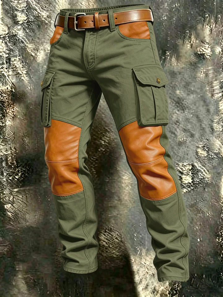 Olive green cargo pants with faux leather knee and pocket panels