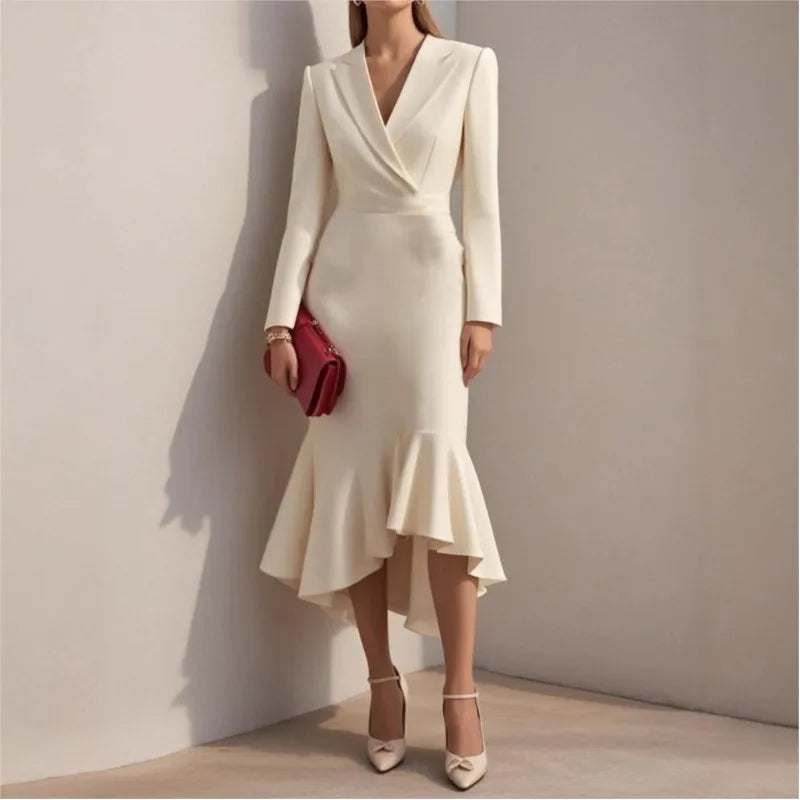 Beige notched lapel sheath dress front view