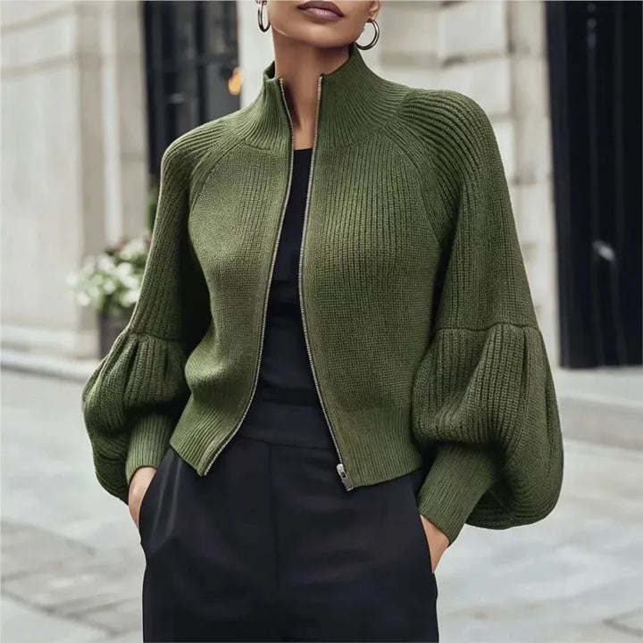 Army green ribbed knit cardigan with lantern sleeves, front view