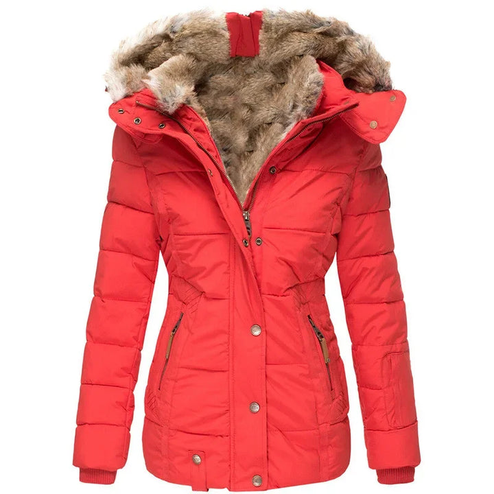 Red quilted puffer jacket with faux fur hood, front view