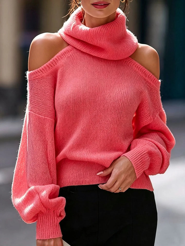 Watermelon red cold shoulder turtleneck sweater front view
