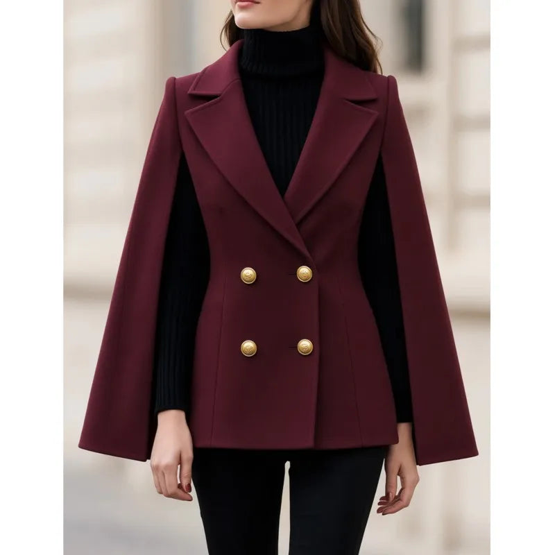 Burgundy cape sleeve double breasted blazer coat, front view