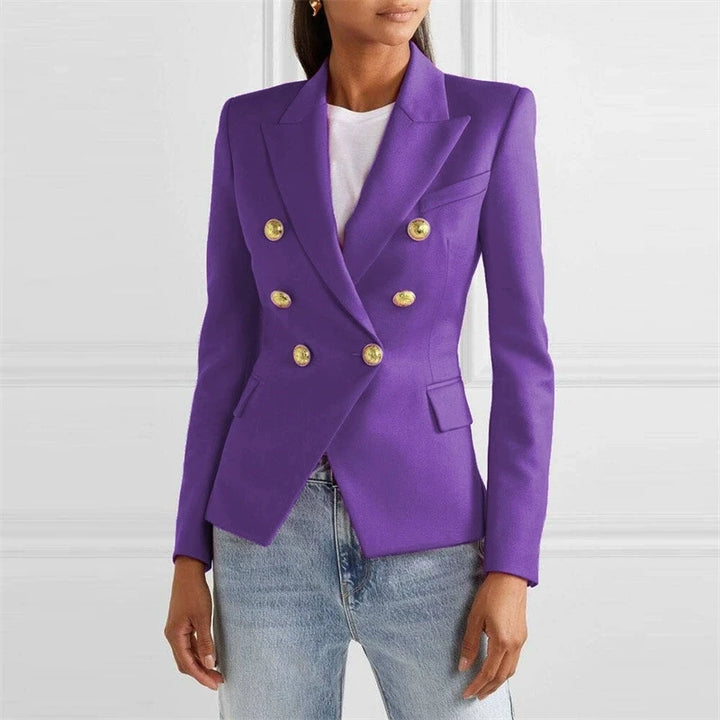 Purple double-breasted blazer with gold buttons