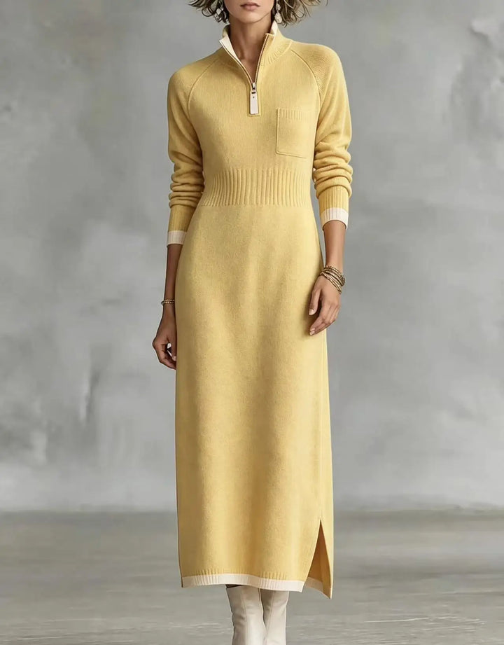 Yellow quarter-zip sweater dress with chest pocket, front view