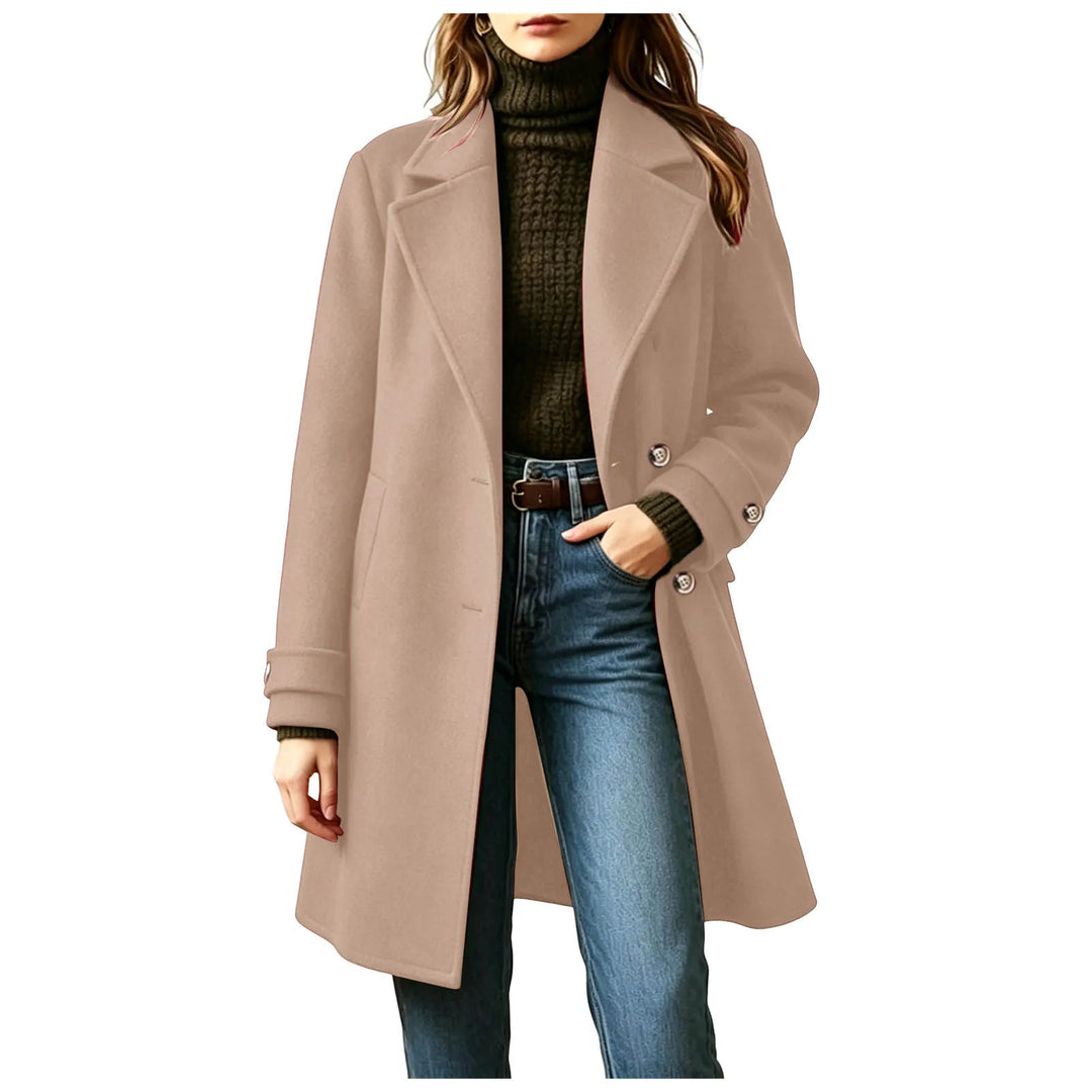 Woman wearing khaki mid-length double-breasted wool coat