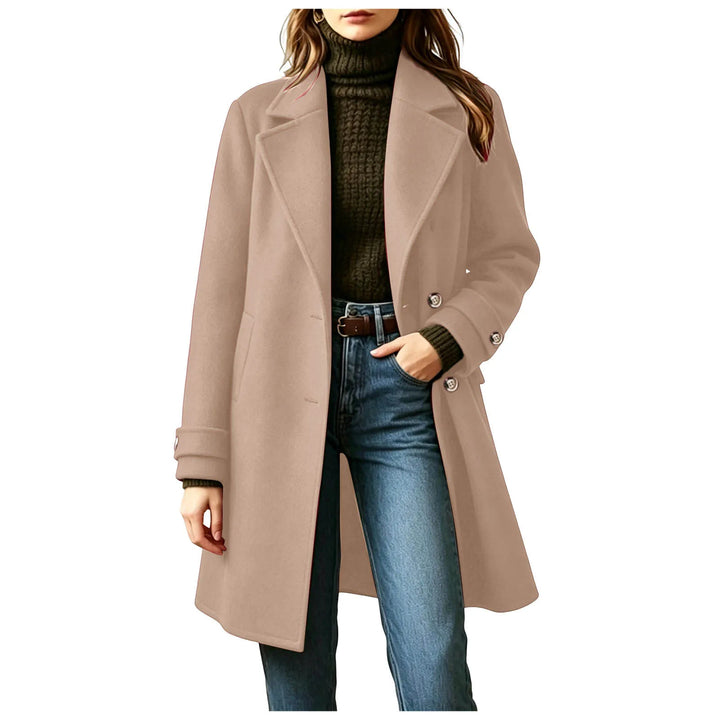 Woman wearing khaki mid-length double-breasted wool coat