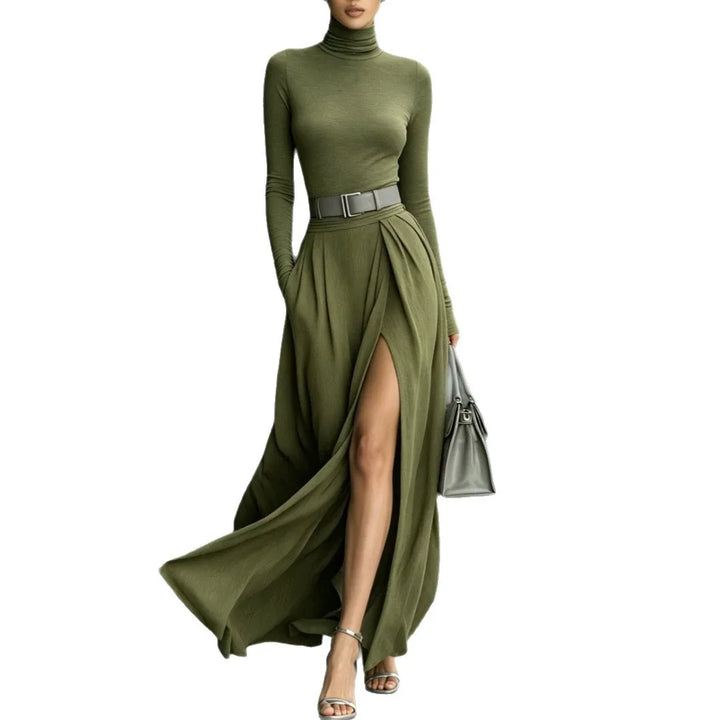 Woman wearing army green turtleneck sweater dress with high slit