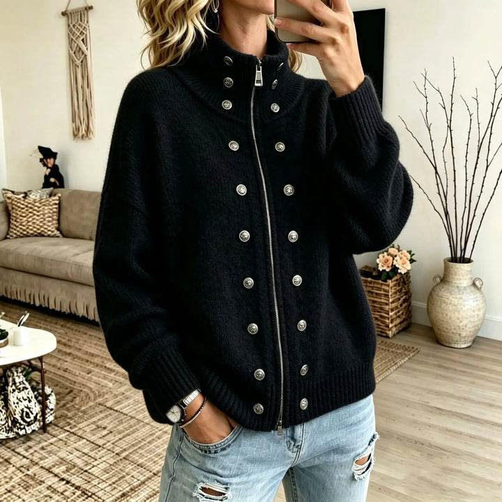 Woman wearing black stand collar zip cardigan with button details
