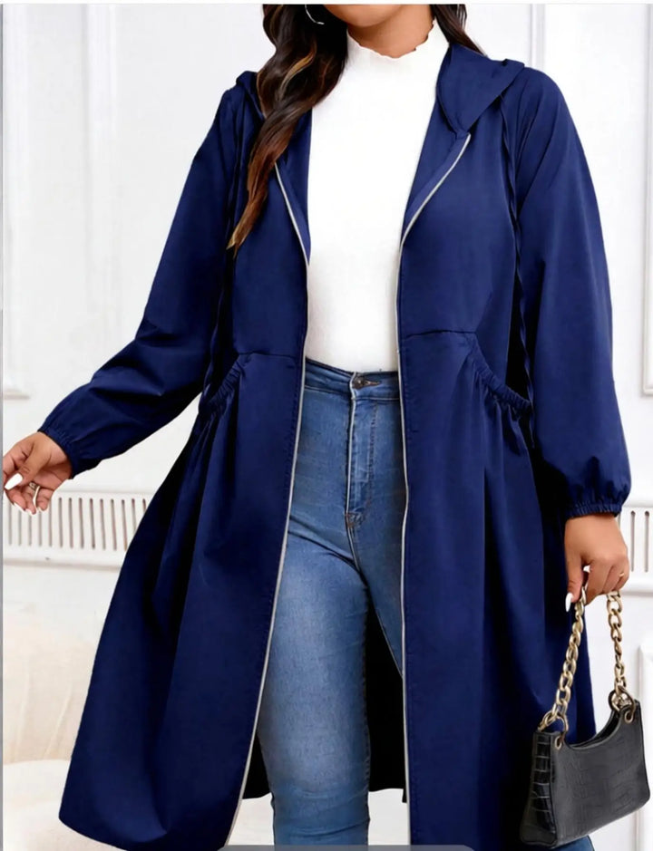 Navy hooded long coat with drawstring waist, close front view