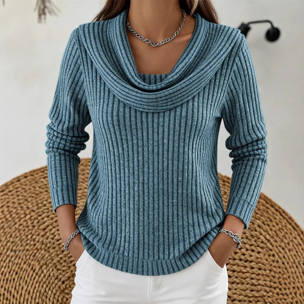 Blue ribbed knit top with cowl neckline, close view