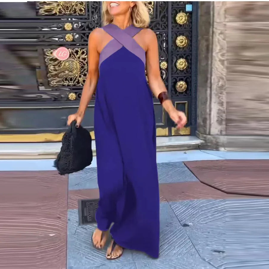 Jessara Contrast Halter Backless Maxi Dress