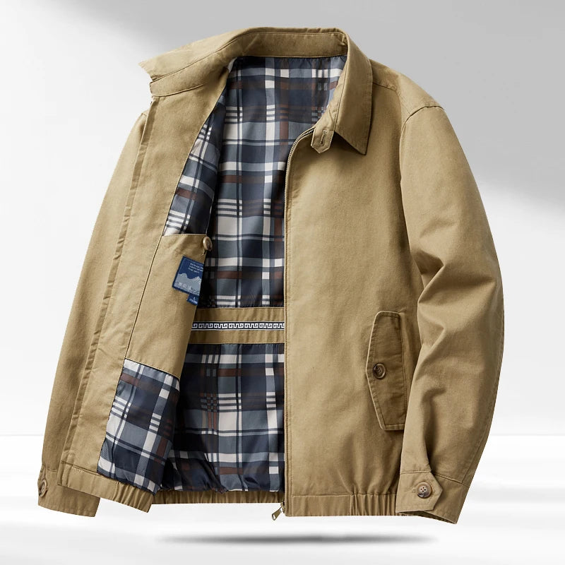 Khaki jacket open showing plaid lining and interior pocket
