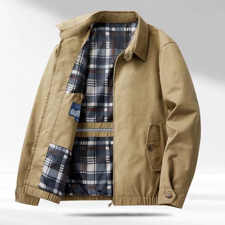 Khaki jacket open showing plaid lining and interior pocket