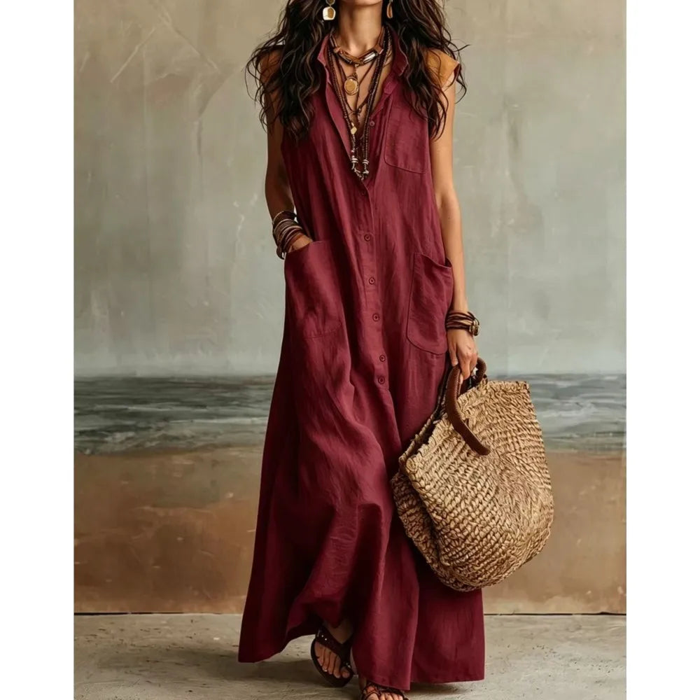 Diana Bohemian V Neck Casual Linen Maxi Dress