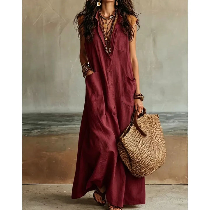 Diana Bohemian V Neck Casual Linen Maxi Dress
