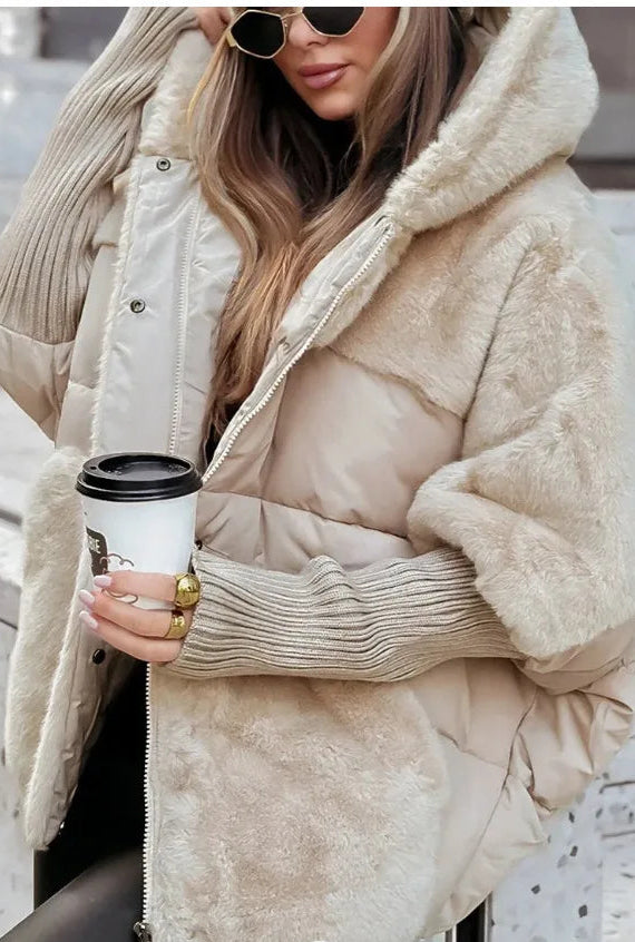 Apricot color puffer jacket with faux fur hood and sunglasses