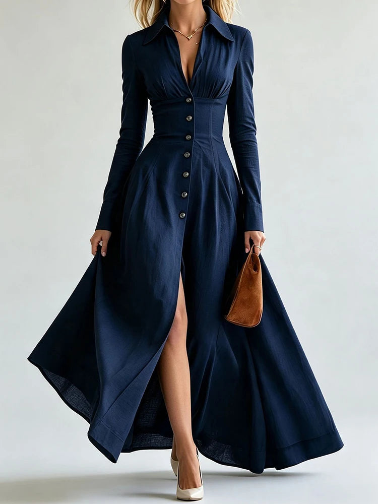 Navy blue maxi dress with front slit, full length view