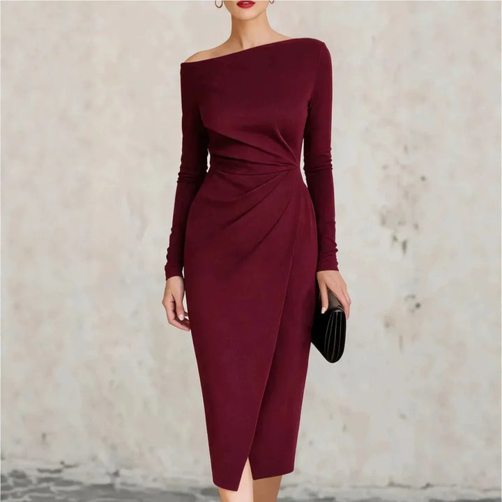 Claret off shoulder twisted waist midi dress front view