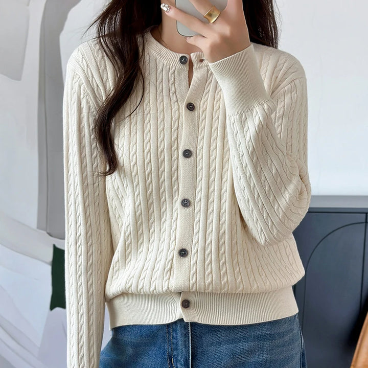 Beige cable knit cardigan side angle