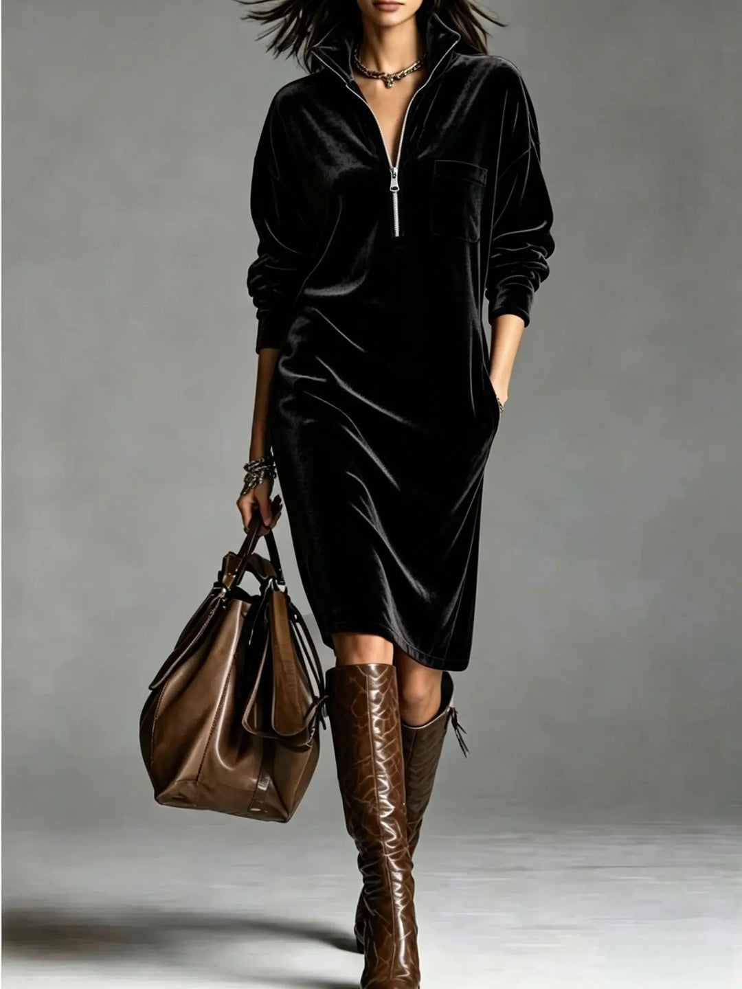 Lucienne Half Zip Velvet Dress