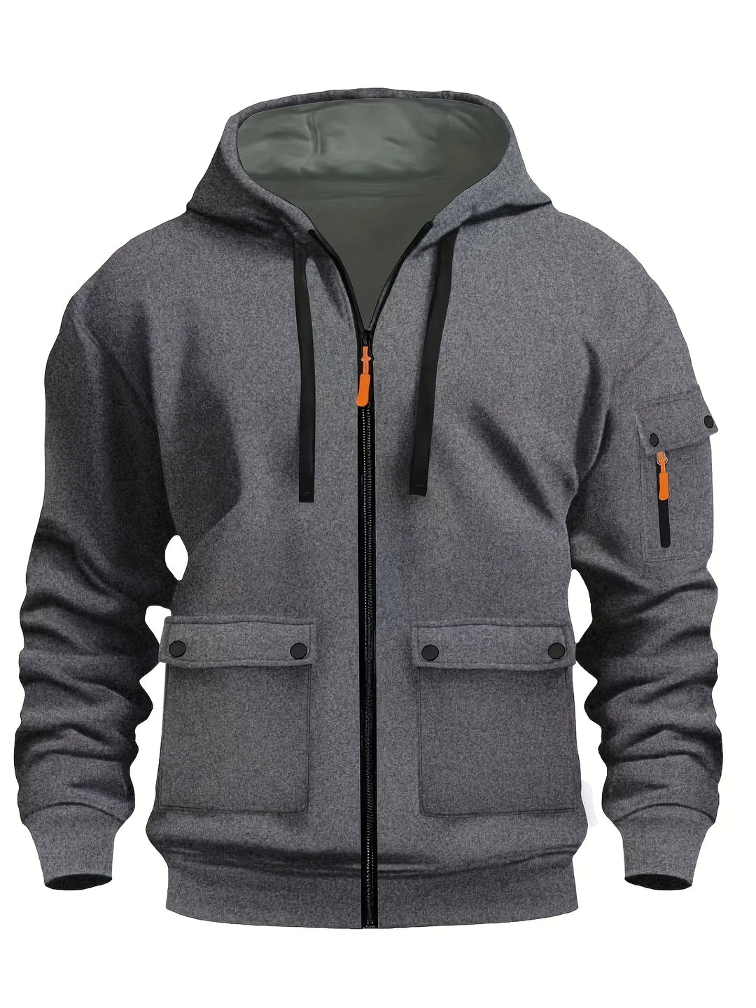 Charcoal grey zip-up cargo hoodie with olive lined hood