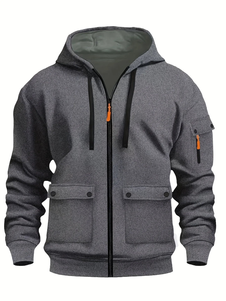 Charcoal grey zip-up cargo hoodie with olive lined hood